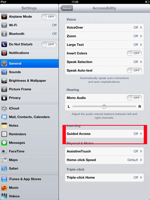 iPad Accessibility Settings, Guided Access